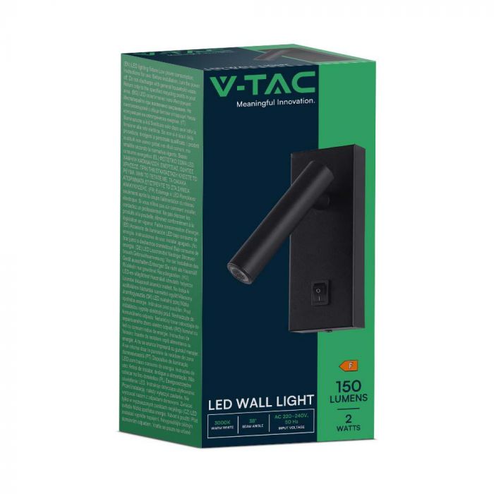 2W(150Lm) LED sienas gaismeklis ar iebūvētu LED, V-TAC, IP20, melns, silti balta gaisma 3000K