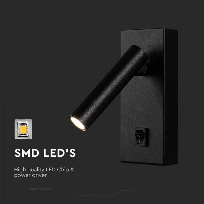 2W(150Lm) LED sienas gaismeklis ar iebūvētu LED, V-TAC, IP20, melns, silti balta gaisma 3000K
