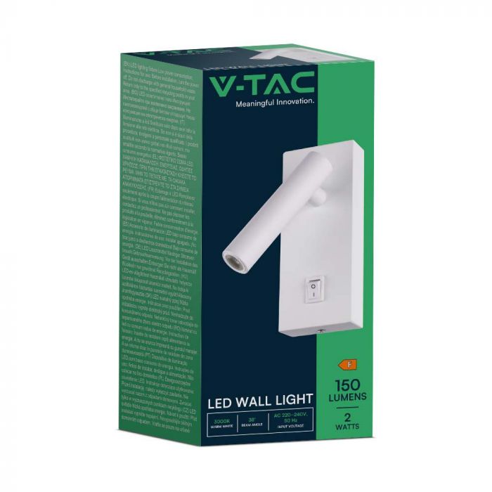 2W(150Lm) LED sienas gaismeklis ar iebūvētu LED, V-TAC, IP20, balts, silti balta gaisma 3000K