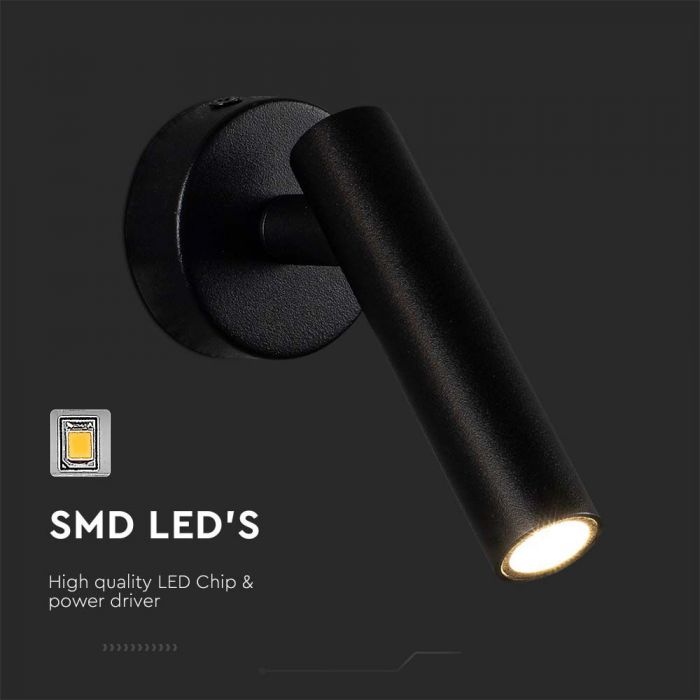 2W(150Lm) LED sienas gaismeklis ar iebūvētu LED, V-TAC, IP20, melns, neitrāli balta gaisma 3000K
