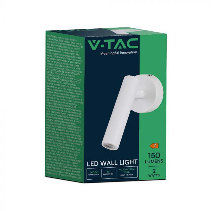 2W(150Lm) LED sienas gaismeklis ar iebūvētu LED, V-TAC, IP20, balts, neitrāli balta gaisma 4000K
