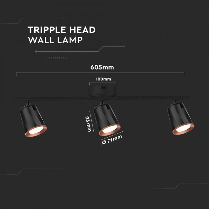 18W(1620Lm) LED sienas lampa, V-TAC, IP20, melns, silti balta gaisma 3000K