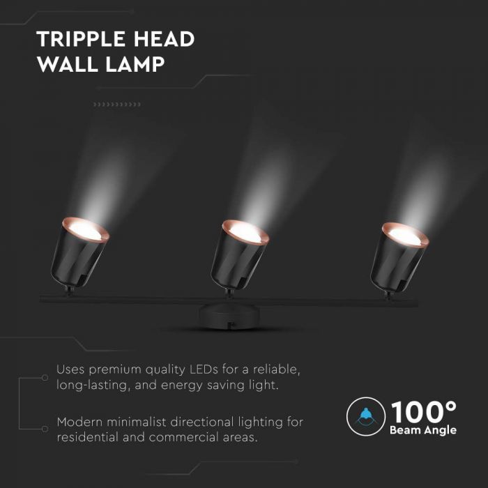 18W(1620Lm) LED sienas lampa, V-TAC, IP20, melns, silti balta gaisma 3000K
