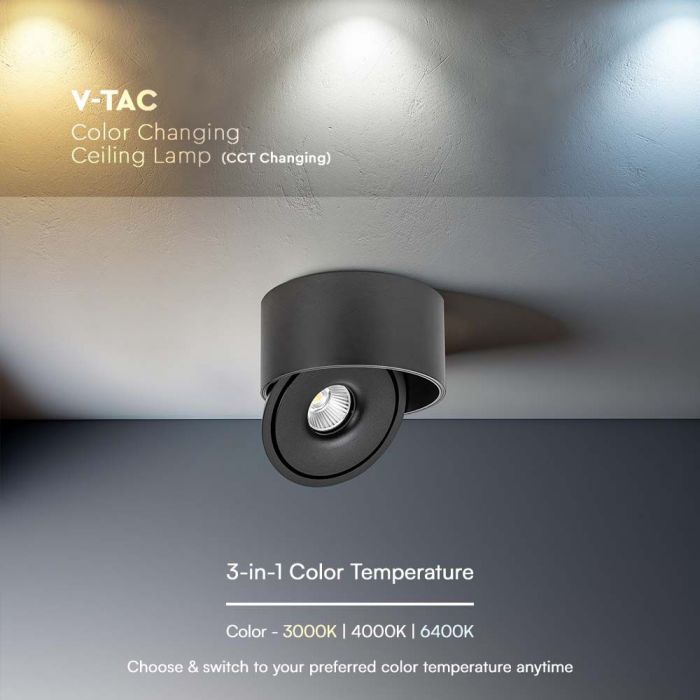 30W(2500Lm) COB LED virsapmetuma griestu gaismeklis, V-TAC, apaļš, melns, 3IN1