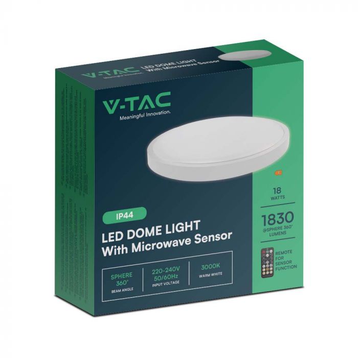 18W(1830Lm) LED kupolveida gaismeklis ar mikroviļņu sensoru, V-TAC, IP44, apaļš, balts, silti balta gaisma 3000K