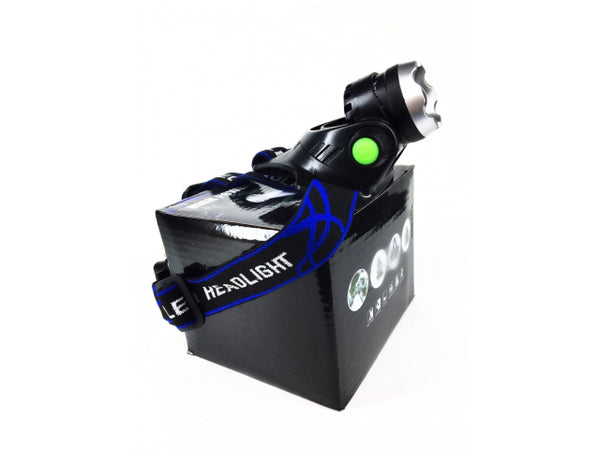 LED CREE XM-L galvas lukturis ar maināmu fokusa attālumu, stroboskopu un maināmu apgaismojuma leņķi