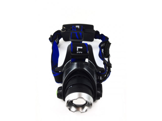 LED CREE XM-L galvas lukturis ar maināmu fokusa attālumu, stroboskopu un maināmu apgaismojuma leņķi