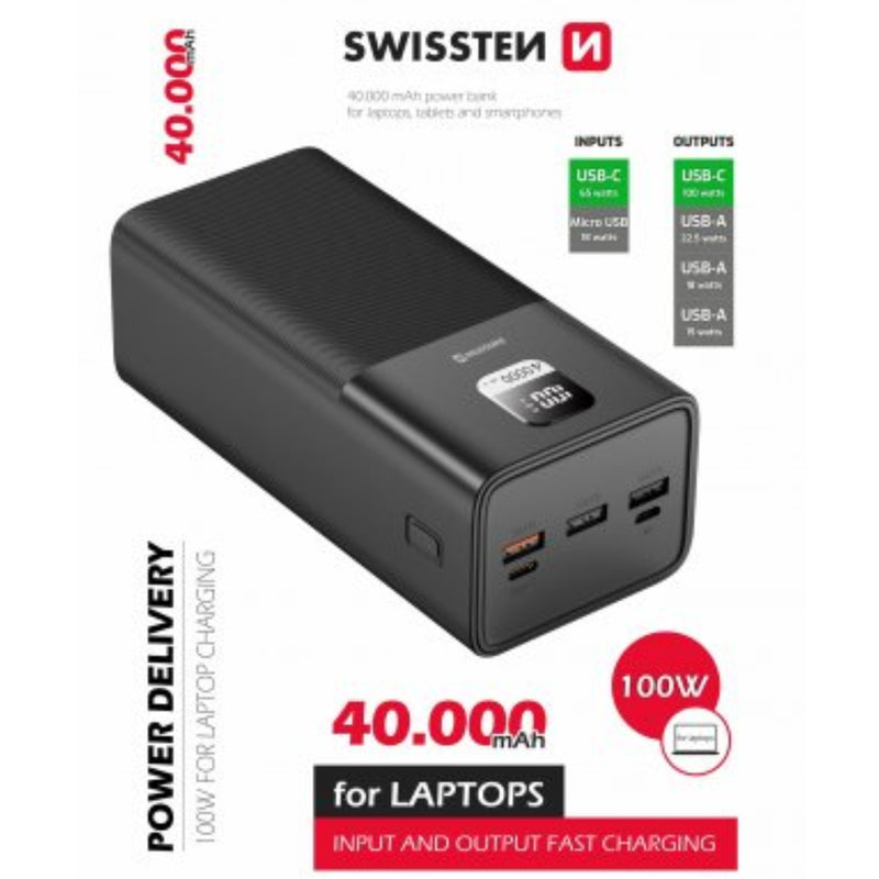40 000 mAh Swissten Power Line Power Banka - Ārējas Uzlādes Baterija 100W