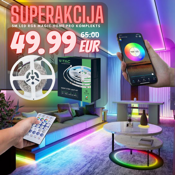 SUPERAKCIJA_13W 24V 60 LED SMD5050 Lentes komplekts 5m ar 1 Wi-Fi un Bluetooth kontrolieri,  Magic Home Pro, IP20, V-TAC, RGB krāsains