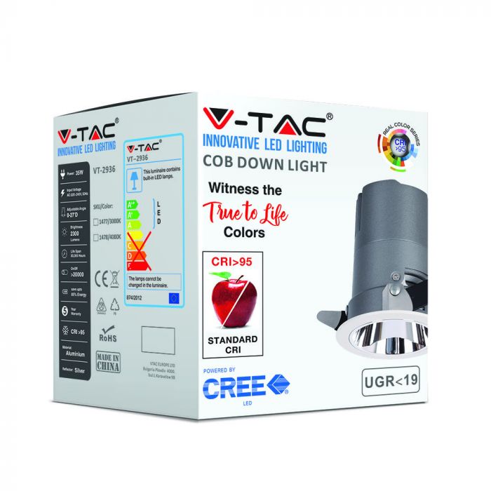 35W(2300Lm) LED griestu gaismeklis viesnīcām ar COB CREE diodi, garantija 5 gadi, IP20, CRI>95, V-TAC, silti balta gaisma 3000K