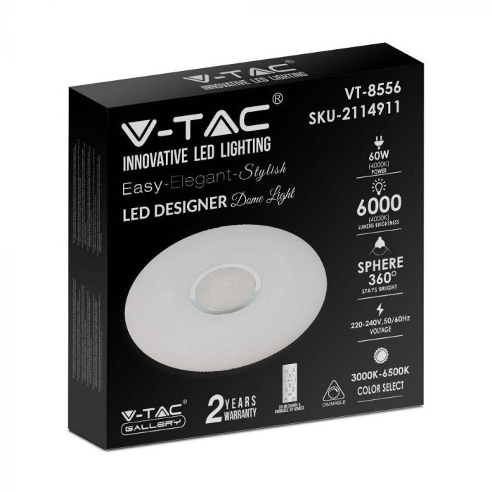 60W(6000Lm) LED V-TAC dizaina apaļš kupola gaismeklis ar tālvadības pulti, IP20, balts, dimmējams, 3/1