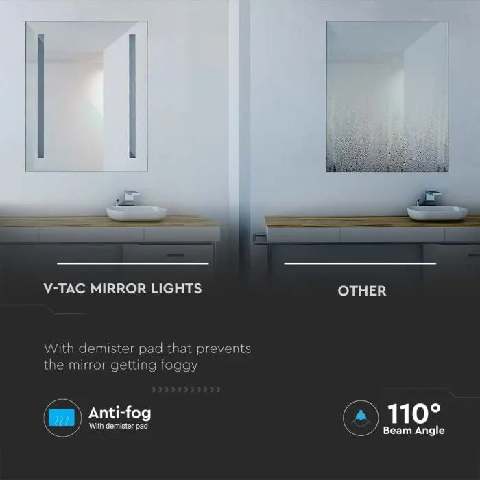42W(100Lm)  Vannasistabas spogulis ar iebūvētu LED gaismekli, V-TAC, taisnstūra, hromēts, 800x600x35mm IP44, ar pretaizsvīšanas virsmu, auksti balta gaisma 6400K