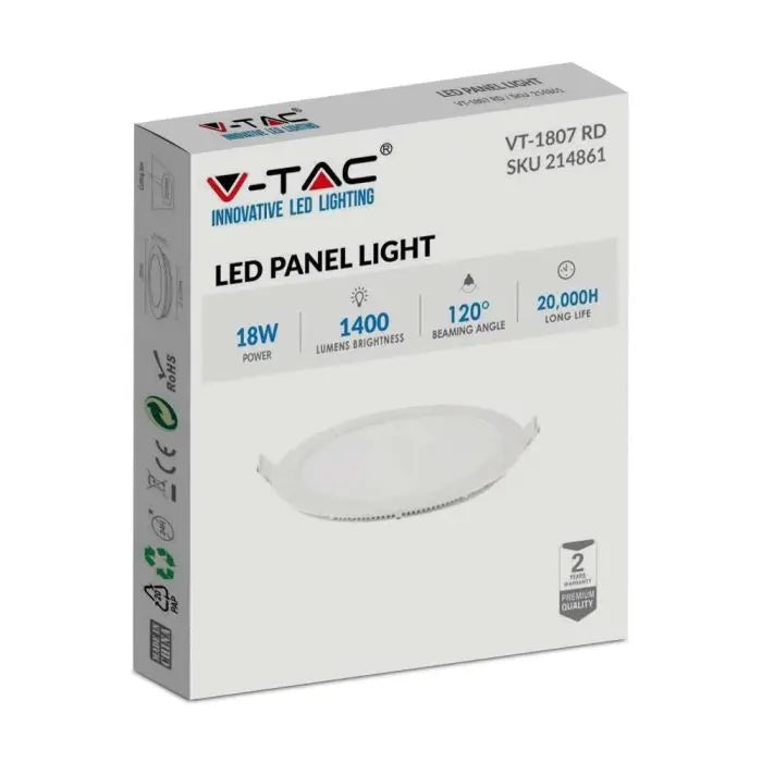 18W(1400Lm) LED Panelis Premium iebūvējams apaļš, V-TAC, neitrāli balta gaisma 4000K, komplektā ar barošanās bloku