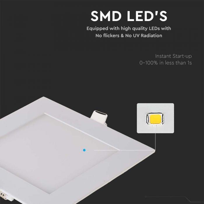 12W(1160Lm) LED Premium Panelis iebūvējams kvadrāta, V-TAC, silti balta gaisma 6400K, komplektā ar barošanās bloku