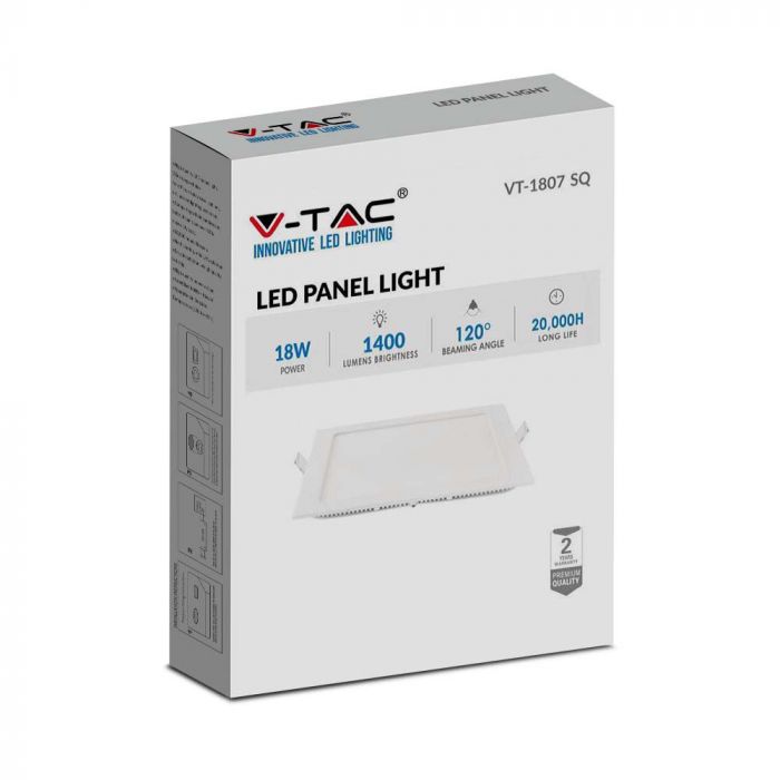 18W(1400Lm) LED Premium Panelis iebūvējams kvadrāta, V-TAC, silti balta gaisma 2700K, komplektā ar barošanās bloku