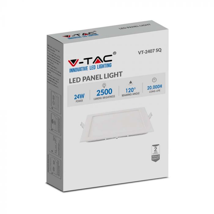 24W(2500Lm) LED Premium Panelis iebūvējams kvadrāta, V-TAC, silti balta gaisma 2700K, komplektā ar barošanās bloku