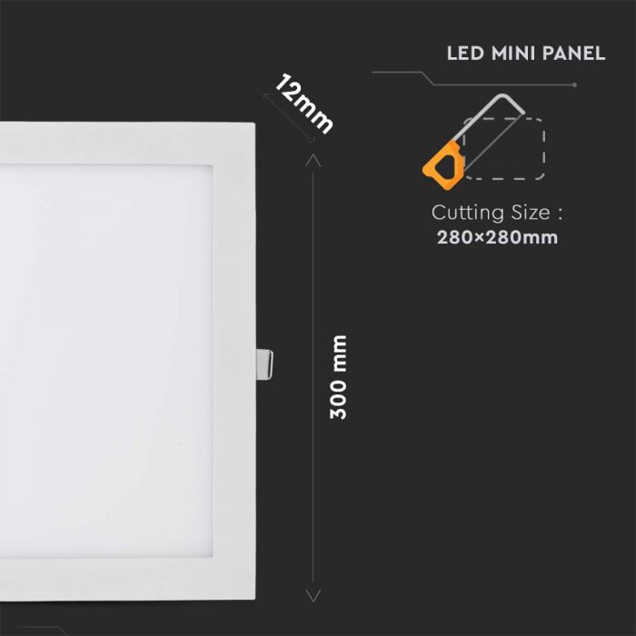 24W(2500Lm) LED Premium Panelis iebūvējams kvadrāta, V-TAC, silti balta gaisma 2700K, komplektā ar barošanās bloku