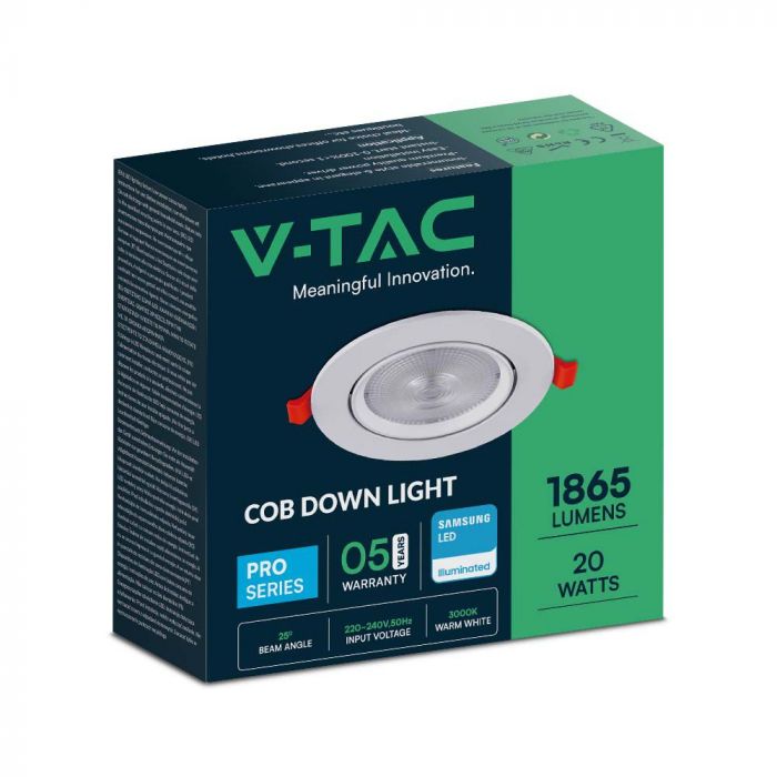 20W(1865Lm) LED apaļš griestu gaismeklis, V-TAC SAMSUNG, IP20, garantija 5 gadi, silti balta gaisma 3000K