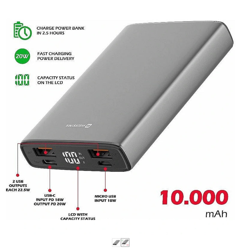 10000 mAhPower Banka Ārējās Uzlādes Baterija 2xUSB / USB-C / Micro USB / 20W