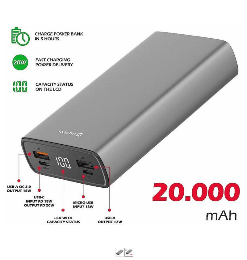 20000 mAh Alumīnija Power Banka Ārējās Uzlādes Baterija 2xUSB / USB-C / Micro USB / 20W /