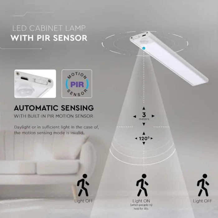 1.5W(110Lm) LED skapju gaismeklis ar PIR sensoru, IP20, sudraba, neitrāli balta gaisma 4000K