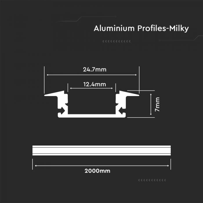 2m iebūvējams alumīnija profils, 2000x24.7x7mm, piena krāsas stikls, V-TAC