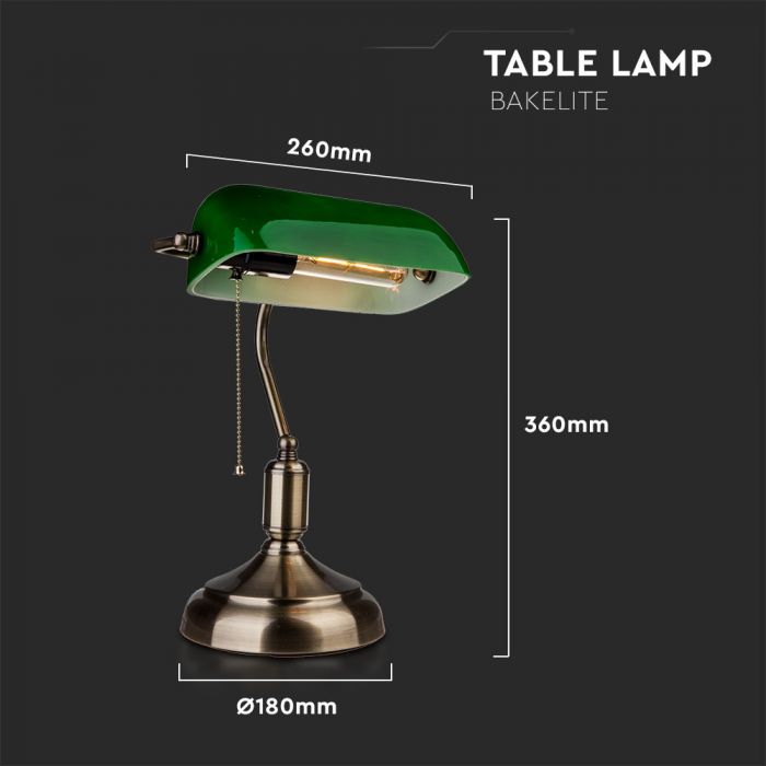 LED galda lampa ar zaļu kupolu un metāla bronzas krāsas korpusu, slēdzis ar vadu, V-TAC
