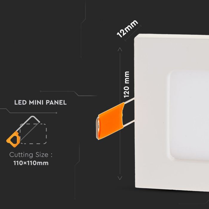 AKCIJA_6W(420Lm) LED Panelis iebūvējams kvadrāta, V-TAC, silti balta gaisma 3000K, komplektā ar barošanās bloku