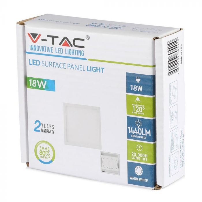 18W(1500Lm) LED Panelis virsapmetuma kvadrāta, V-TAC, silti balta gaisma 3000K, komplektā ar barošanās bloku