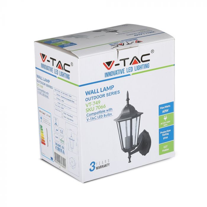 V-TAC Fasādes lampas karkass ar 1xE27 LED spuldzi (spuldze nav iekļauta), spuldze vērsta uz augšu, melns, IP44