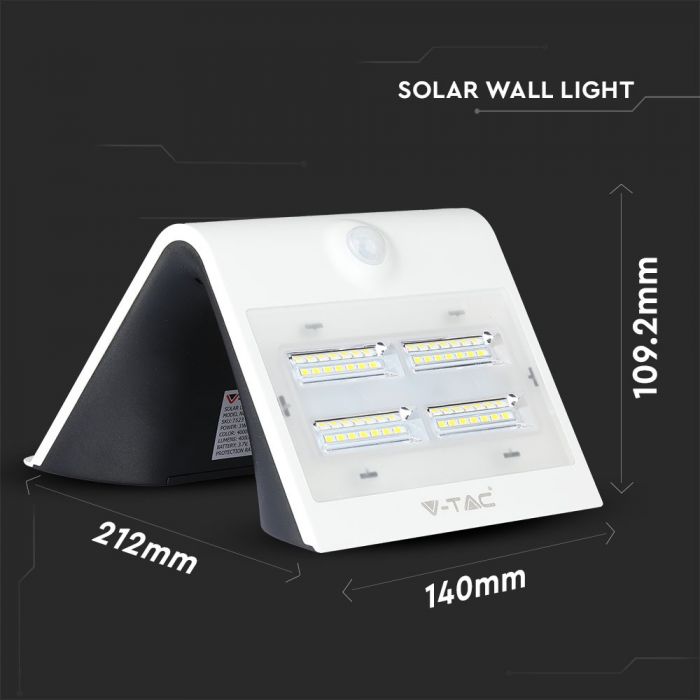 3W(500Lm) LED solārais gaismeklis ar litija akumulatoru, IP65, balts, V-TAC