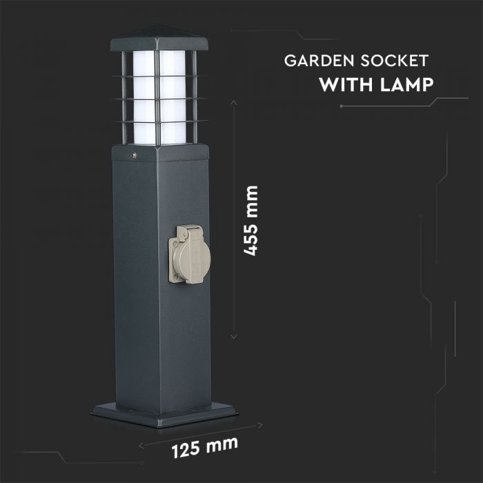 V-TAC dārza laterna ar divvirzienu kontaktligzdu, 2x16A, IP44, atbalsta LED spuldzes līdz 13W (spuldze nav iekļauta komplektā), tumši pelēks