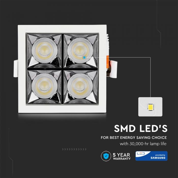 16W(1280Lm) LED iebūvējams reflektora tipa kvadrāta formas gaismeklis, regulējams leņķis 12°, V-TAC SAMSUNG, IP20, garantija 5 gadi, auksti balta gaisma 5700K