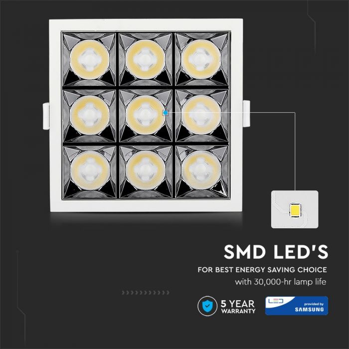 36W(2800Lm) LED iebūvējams reflektora tipa kvadrāta formas gaismeklis, regulējams leņķis 12°, V-TAC SAMSUNG, IP20, garantija 5 gadi, silti balta gaisma 2700K
