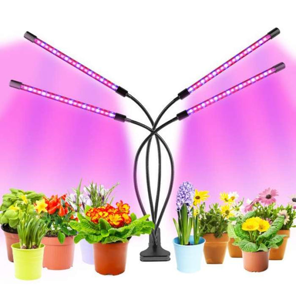 Настольная лампа для выращивания растений 24 Вт с зажимом, 4 светильника, таймер и диммер, IP20, 28 синих и 52 красных светодиода
