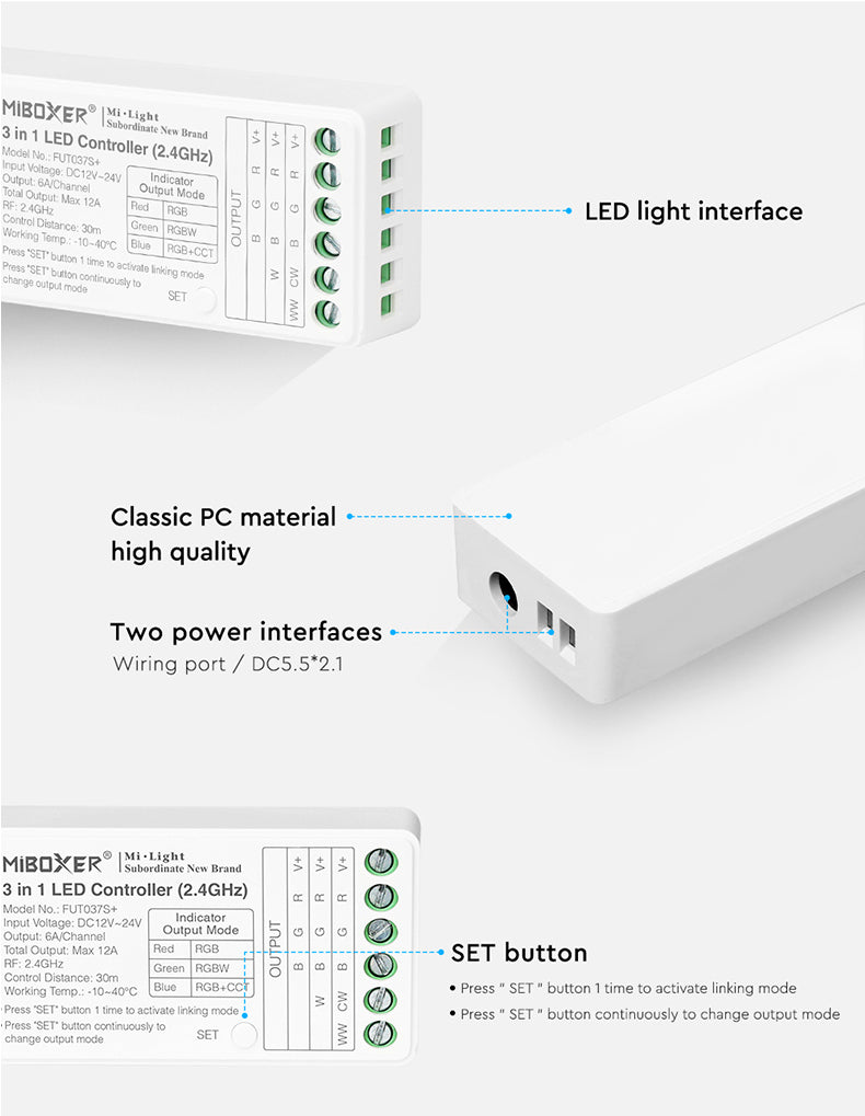 3in1 MINI Mi-Light kontrolieris, RGB/RGBW/RGBCCT 2.4G/PUSH DIM, dimmējams, max 12A, 1 kanāls maks. 6A