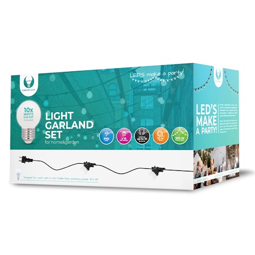 12m LED virtene ar 10 baltām spuldzēm 2W E27 G45, IP65 ūdensizturīga, var savienot līdz 10 virtenēm virknē