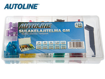 GM 3-40A (120 st) plastlåda. 3A (10) - 4A (10) - 5A (10) - 7,5A (15) - 10A (15) - 15A (15) - 20A (15) - 25A (10) - 30A (10) - 40A (10) Säkringar ingår.