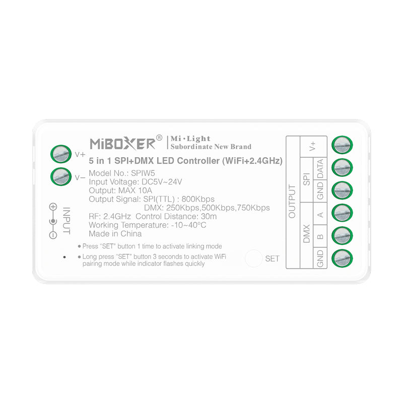 SPIW5  5-in-1 SPI + DMX LED kontrolieris (WiFi + 2,4 GHz)