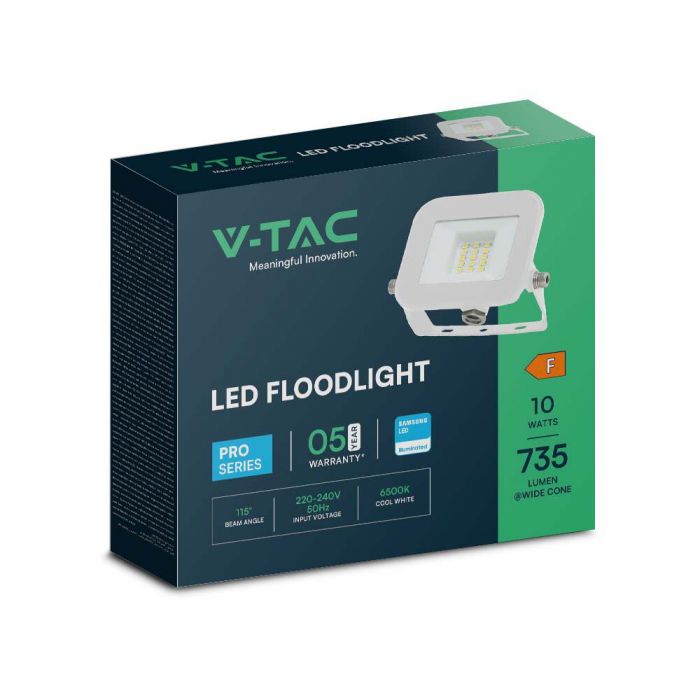 10W(735Lm) LED Spotlight, V-TAC SAMSUNG, IP65, white body and white glass, warranty 5 years, cold white light 6500K
