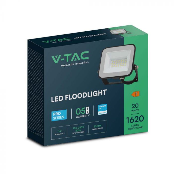 SUPERACTION_20W(1620Lm) LED-strålkastare, V-TAC SAMSUNG, IP65, svart hölje och grått glas, 5 års garanti, kallvitt ljus 6500K
