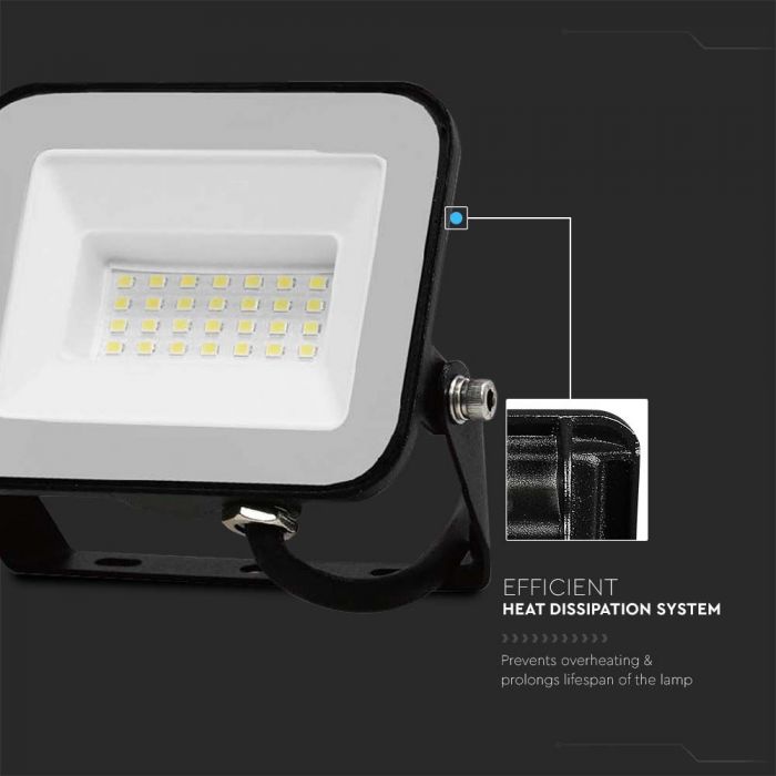 SUPERACTION_20W(1620Lm) LED-strålkastare, V-TAC SAMSUNG, IP65, svart hölje och grått glas, 5 års garanti, kallvitt ljus 6500K