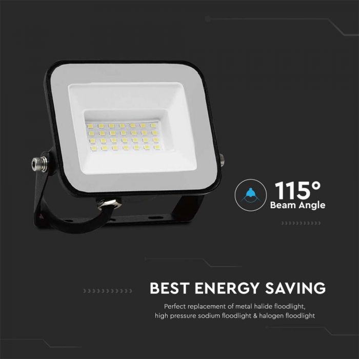 SUPERACTION_20W(1620Lm) LED-strålkastare, V-TAC SAMSUNG, IP65, svart hölje och grått glas, 5 års garanti, kallvitt ljus 6500K