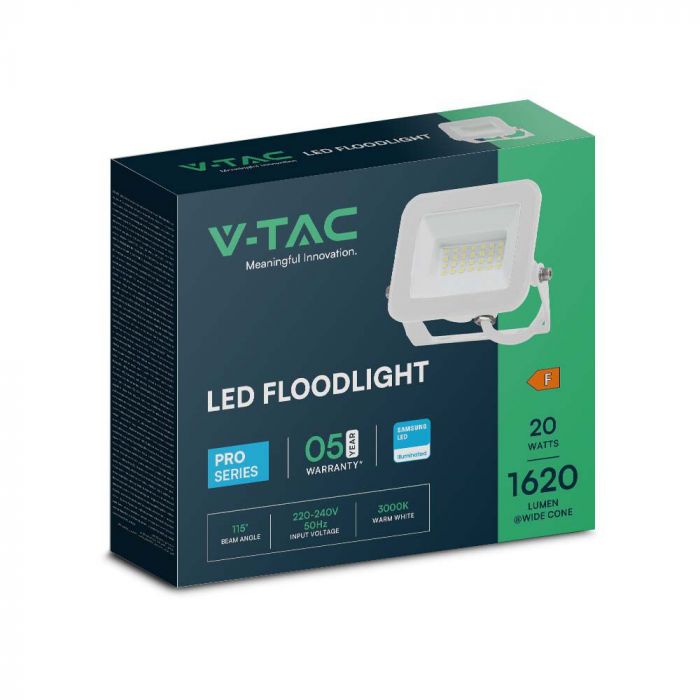 20W(1620Lm) LED prožektors, V-TAC SAMSUNG, IP65, balts, auksti balta gaisma 6500K