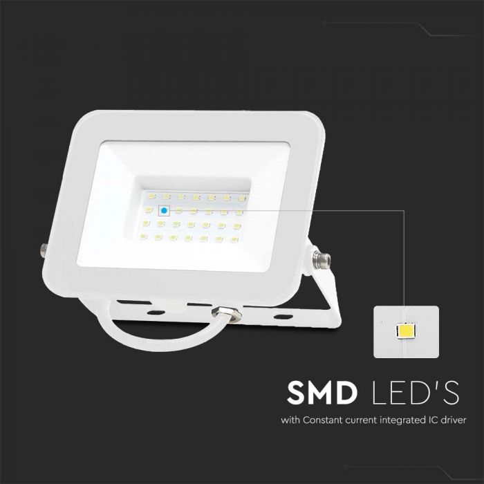 30W(2505Lm) LED Spotlight, V-TAC SAMSUNG, IP65, white body and white glass, warranty 5 years, cold white light 6500K