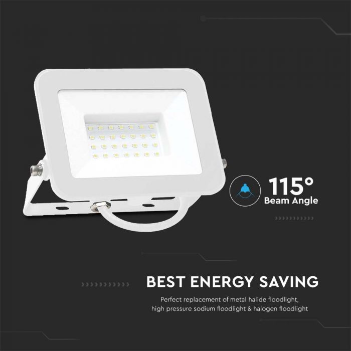 30W(2505Lm) LED Spotlight, V-TAC SAMSUNG, IP65, white body and white glass, warranty 5 years, cold white light 6500K