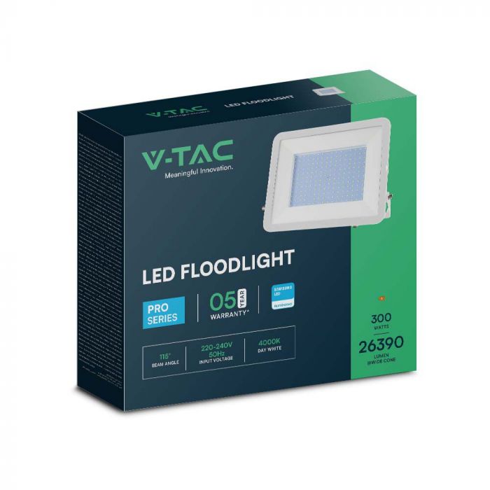 300W(26390Lm) LED spotlight, V-TAC SAMSUNG, IP65, white body and white glass, cold white light 6500K