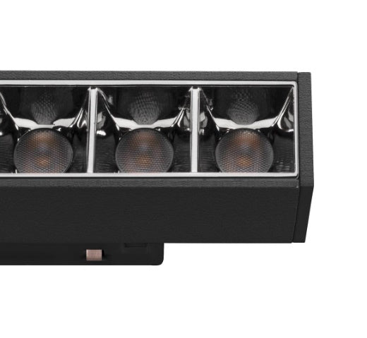 7.3W(580Lm) 48V DALI IN-LINE 22 LED lineārs sliežu gaismeklis, IP20, IK02, melns, dimmējams, silti balta gaisma 2700K