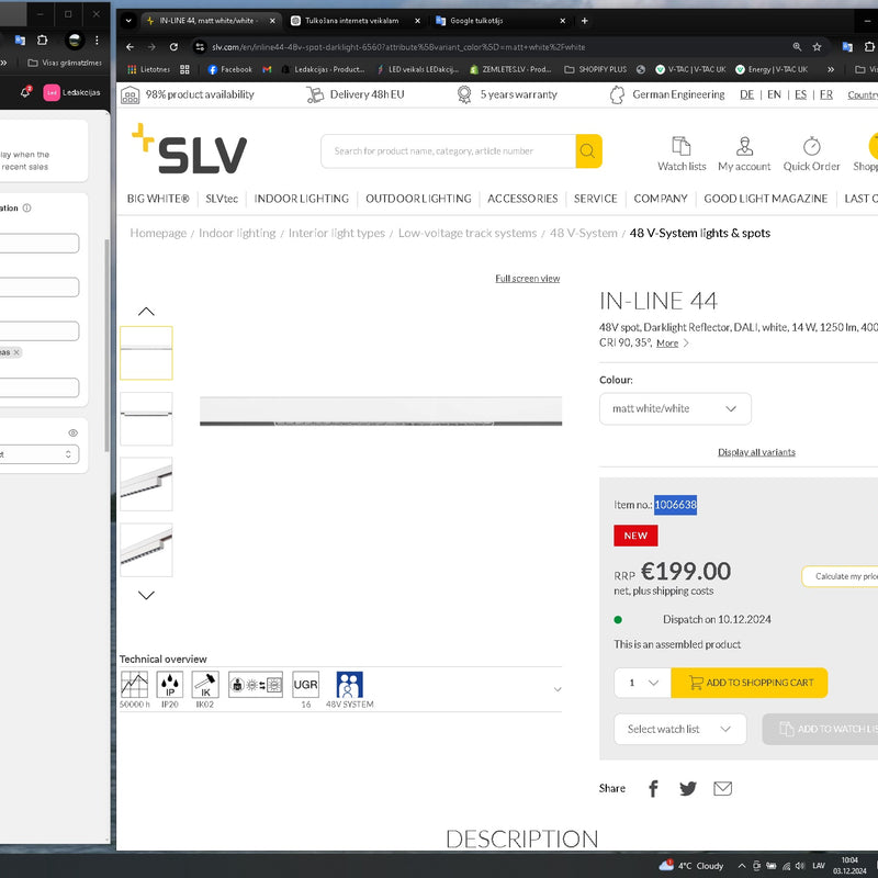 14W(1250Lm) 48V DALI 2 IN-LINE 44 LED lineārs sliežu gaismeklis, IP20, IK02, balts,dimmējams, neitrāli balta gaisma 4000K