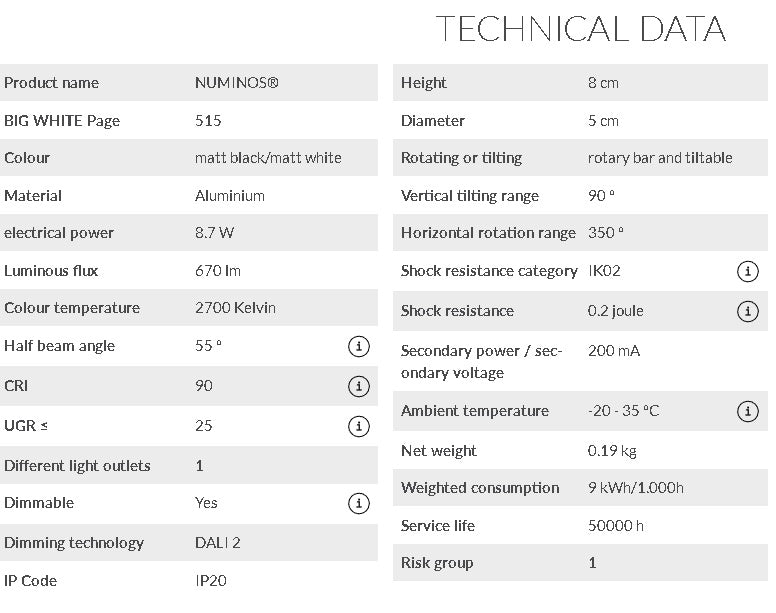 8.7W(670Lm) 48V DALI 2 NUMINOS® XS LED track luminaire, IP20, IK02, matt black/matt white, dimmable, warm white light 2700K